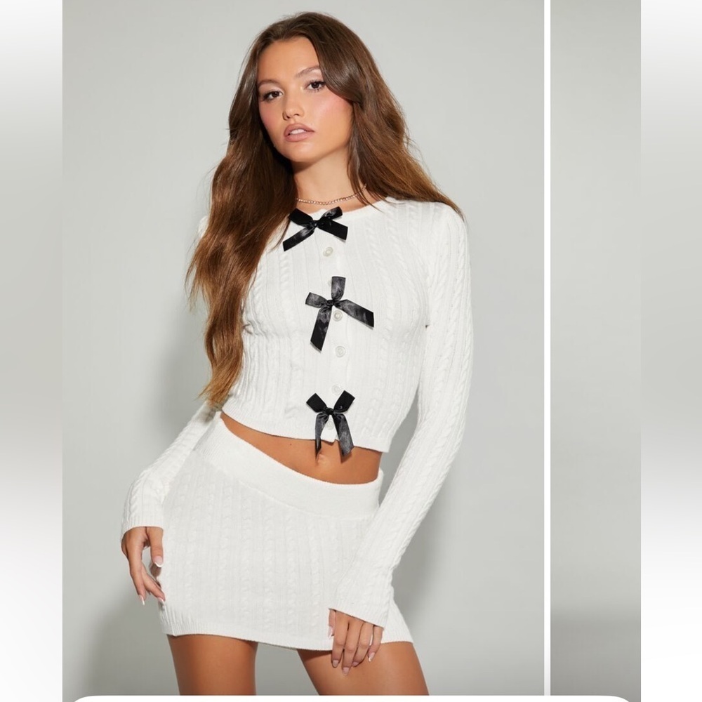 White Cable Knit Sweater and Skirt Set with Black Bows